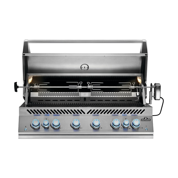 Napoleon Built-In 700 Series 44-inch gas grill with the lid open and rotisserie