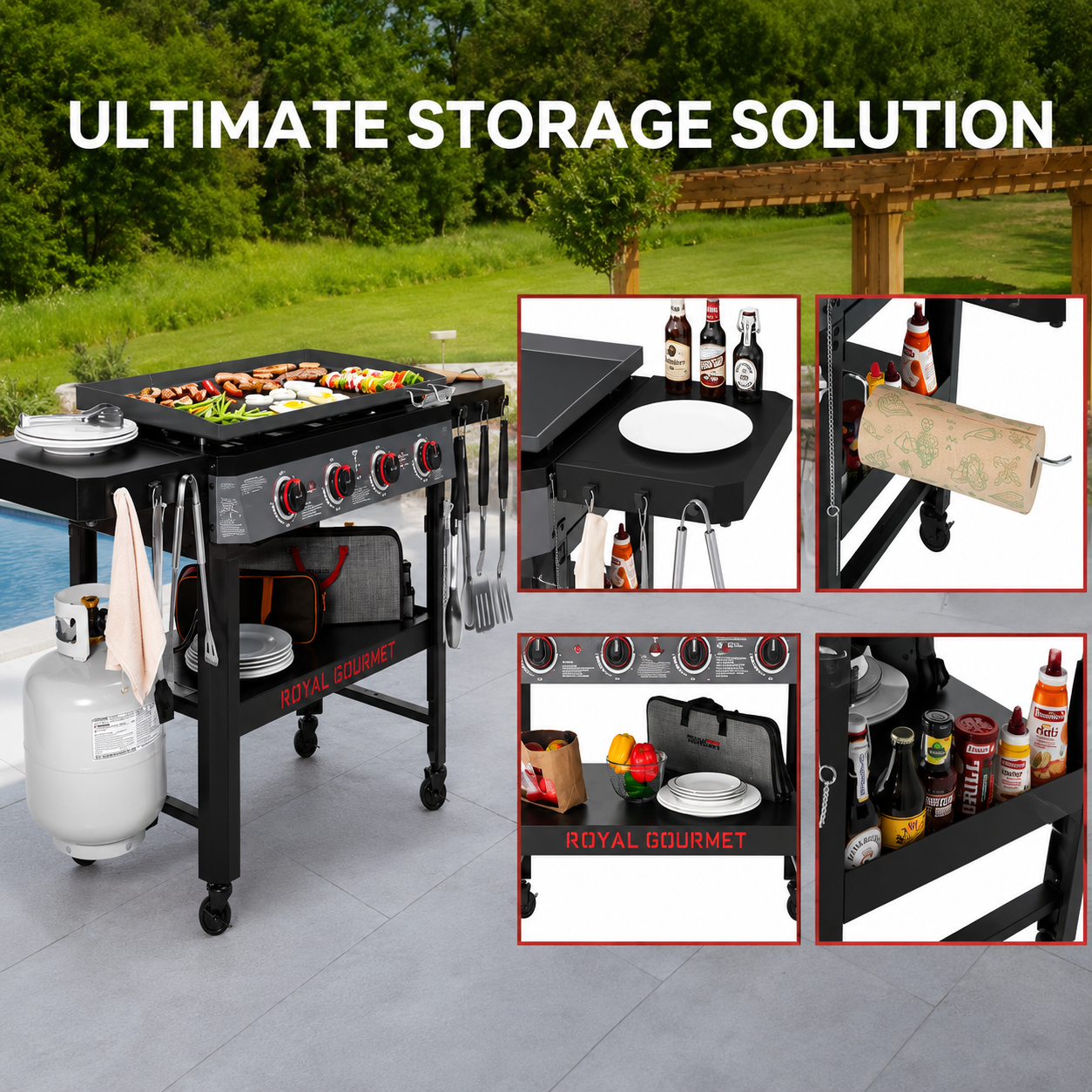 34-In. 4-Burner Propane Gas Griddle with Collapsible Side Shelves and Storage Baskett, 52,000 BTU, Black