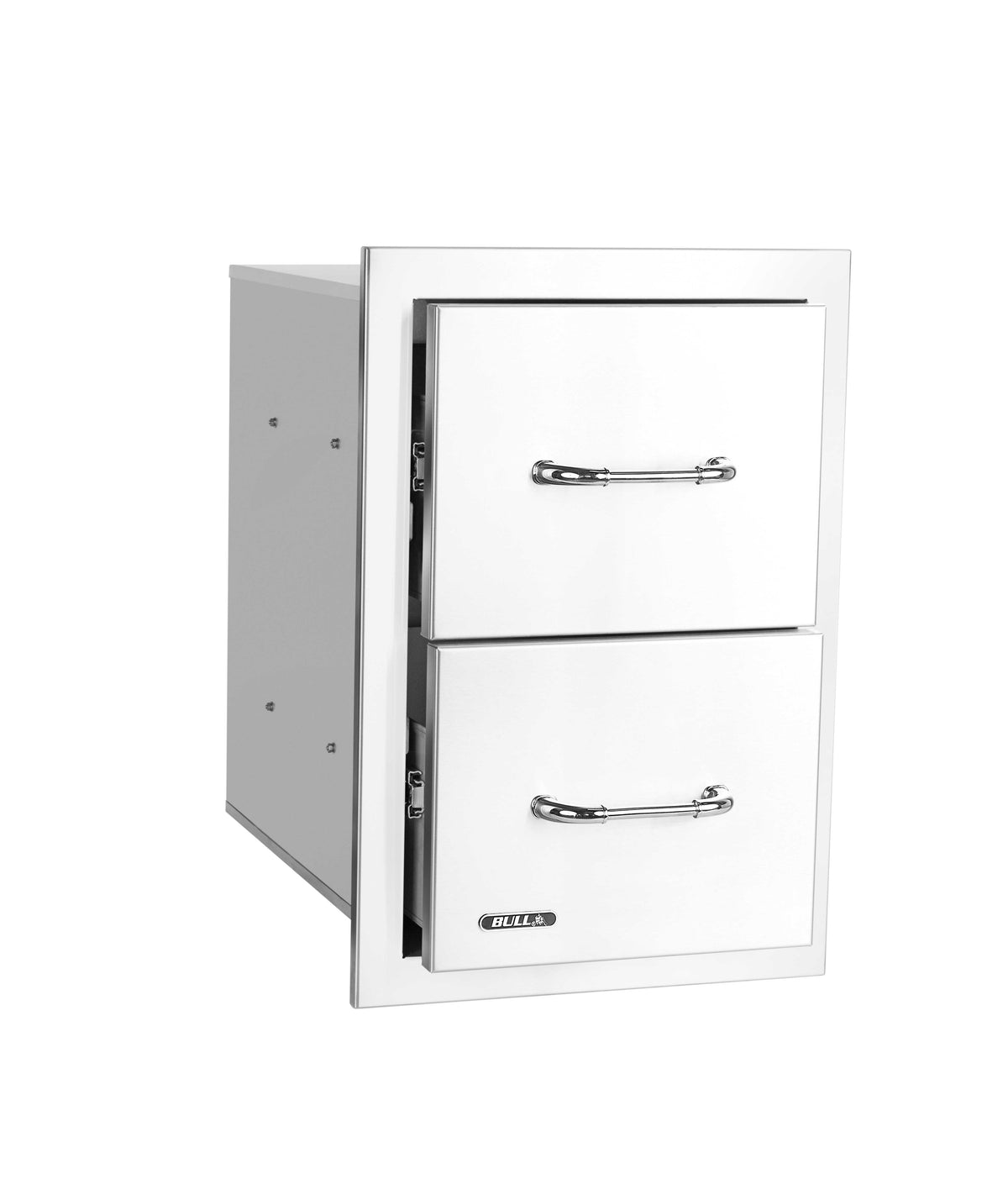 Bull stainless steel double drawer with reveal, drawers partly open