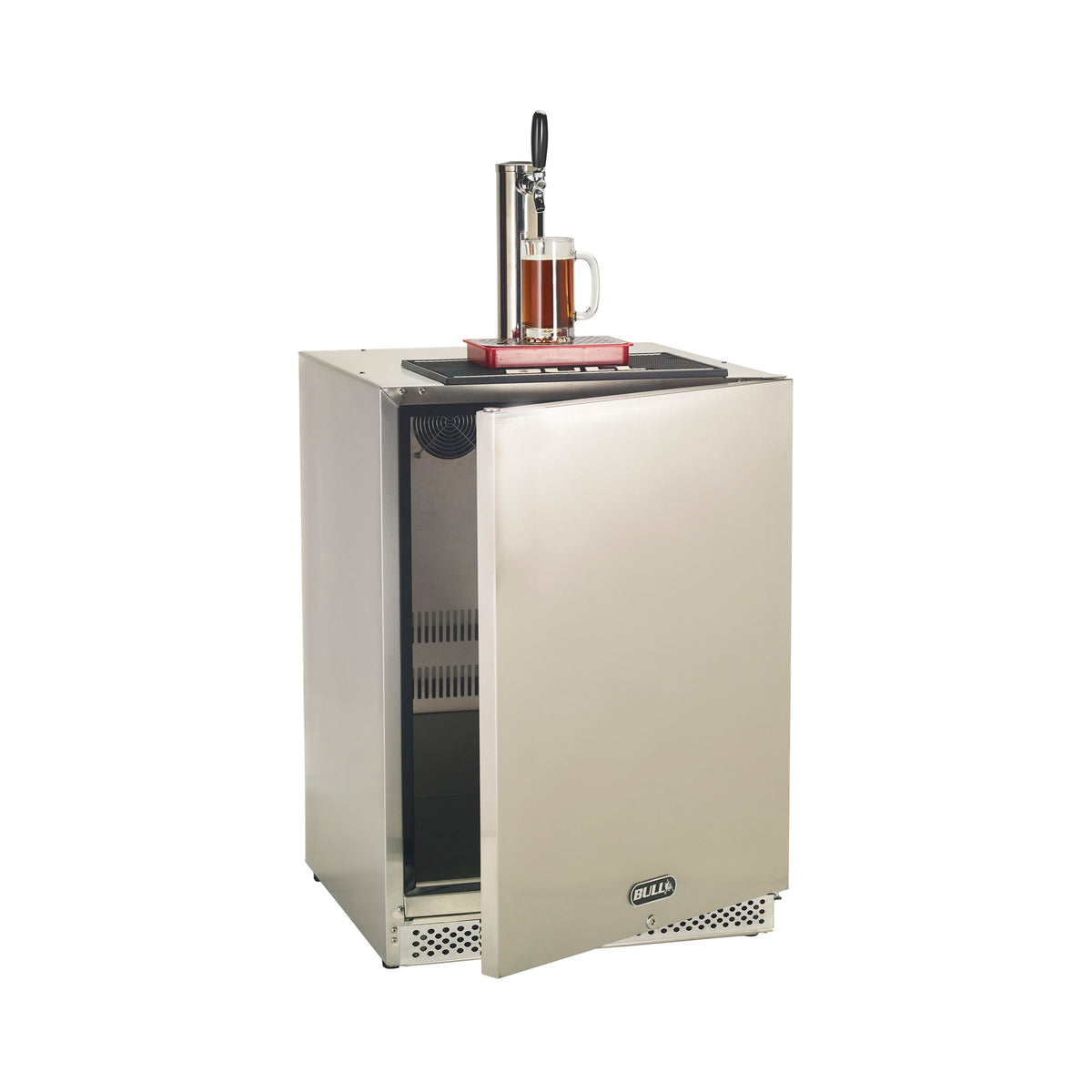 Bull outdoor kegerator with single tap, door open