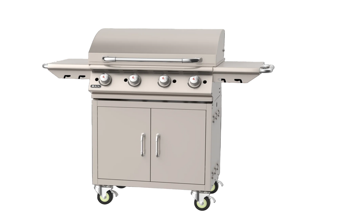 Angled view of Bull 30-inch freestanding propane griddle with closed hood and side shelves