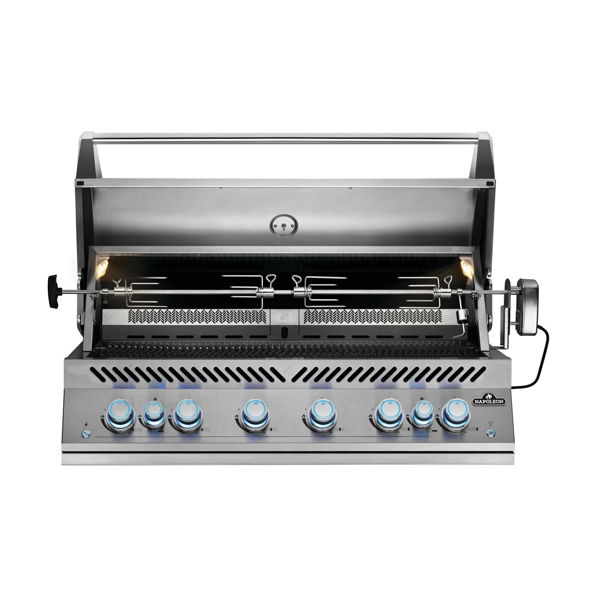 Napoleon Built-In 700 Series 44-inch gas grill, lid open with rotisserie spits and interior lights on