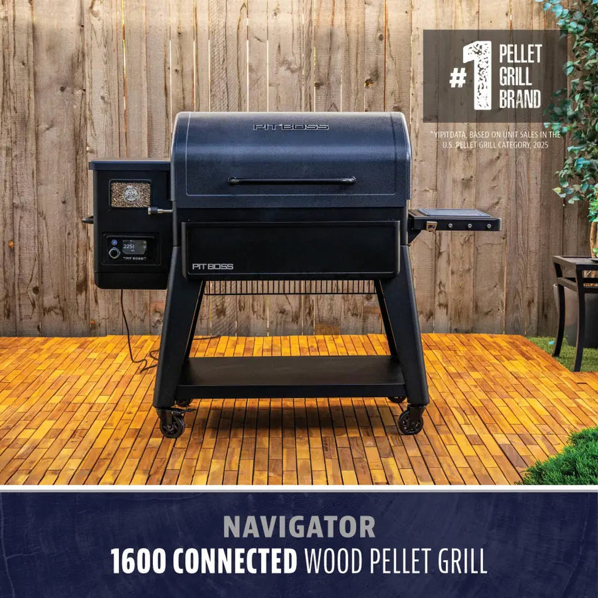 Pit Boss Navigator 1600 wood pellet grill on a backyard patio