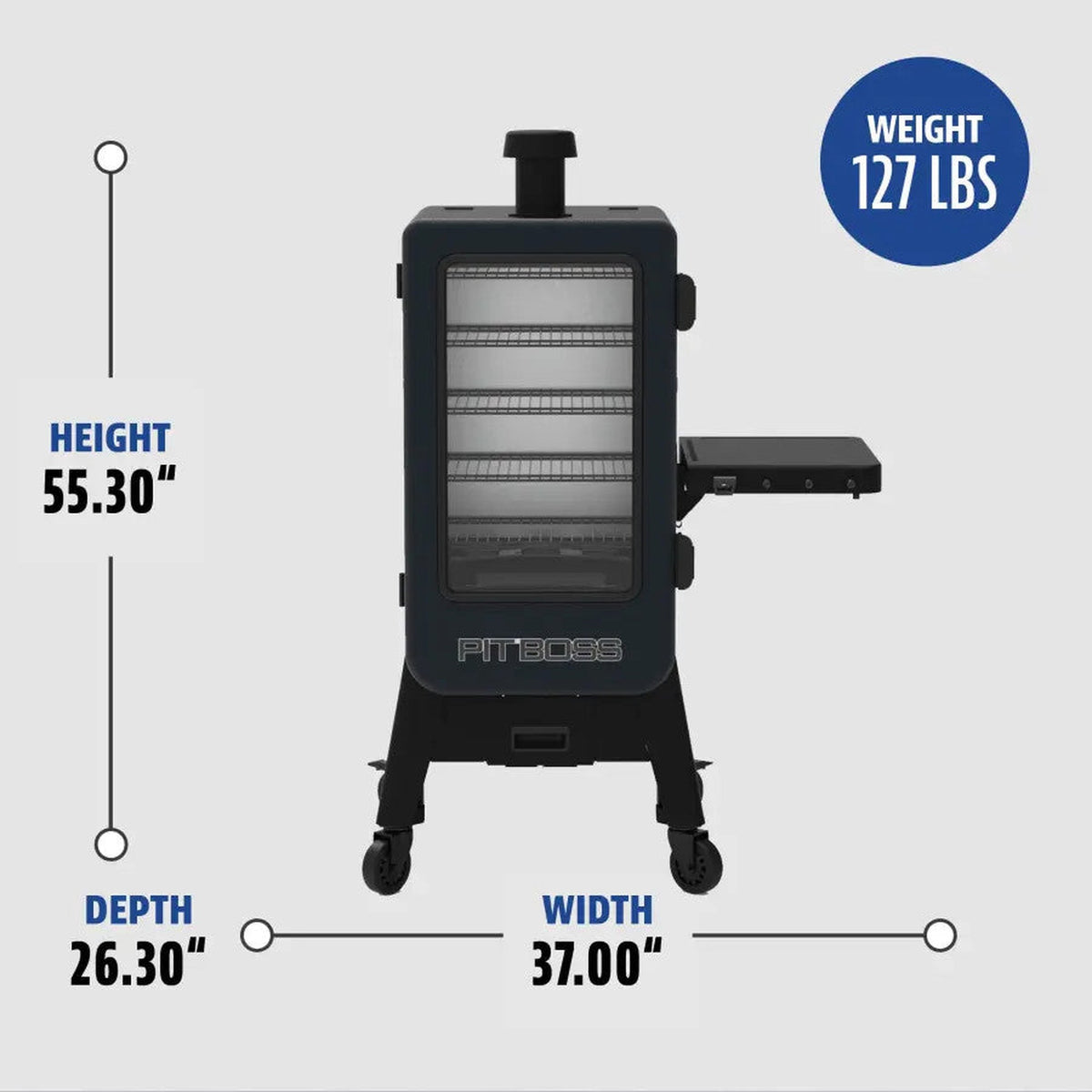 Pit Boss Navigator 3-Series dimensions: 55.3 in. high, 37 in. wide, 26.3 in. deep, 127 lb.