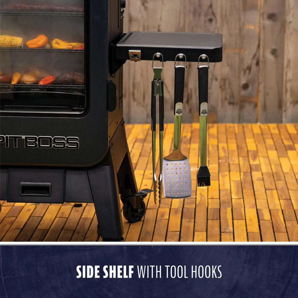 Pit Boss Navigator 3-Series side shelf with tool hooks