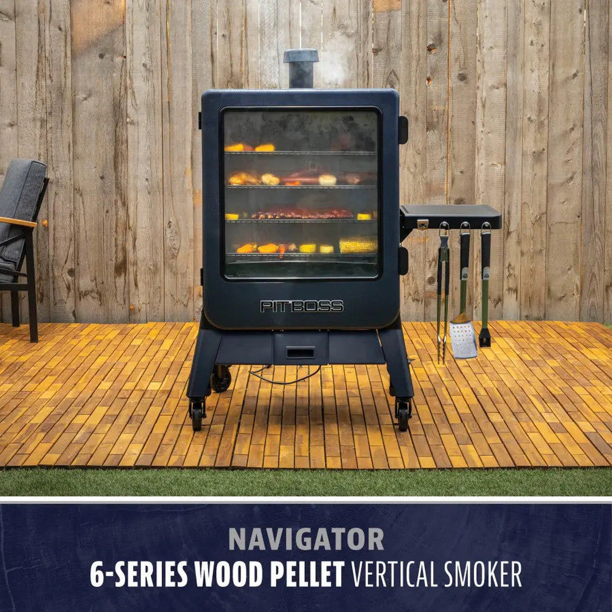 Pit Boss Navigator 6-Series vertical pellet smoker on a backyard deck