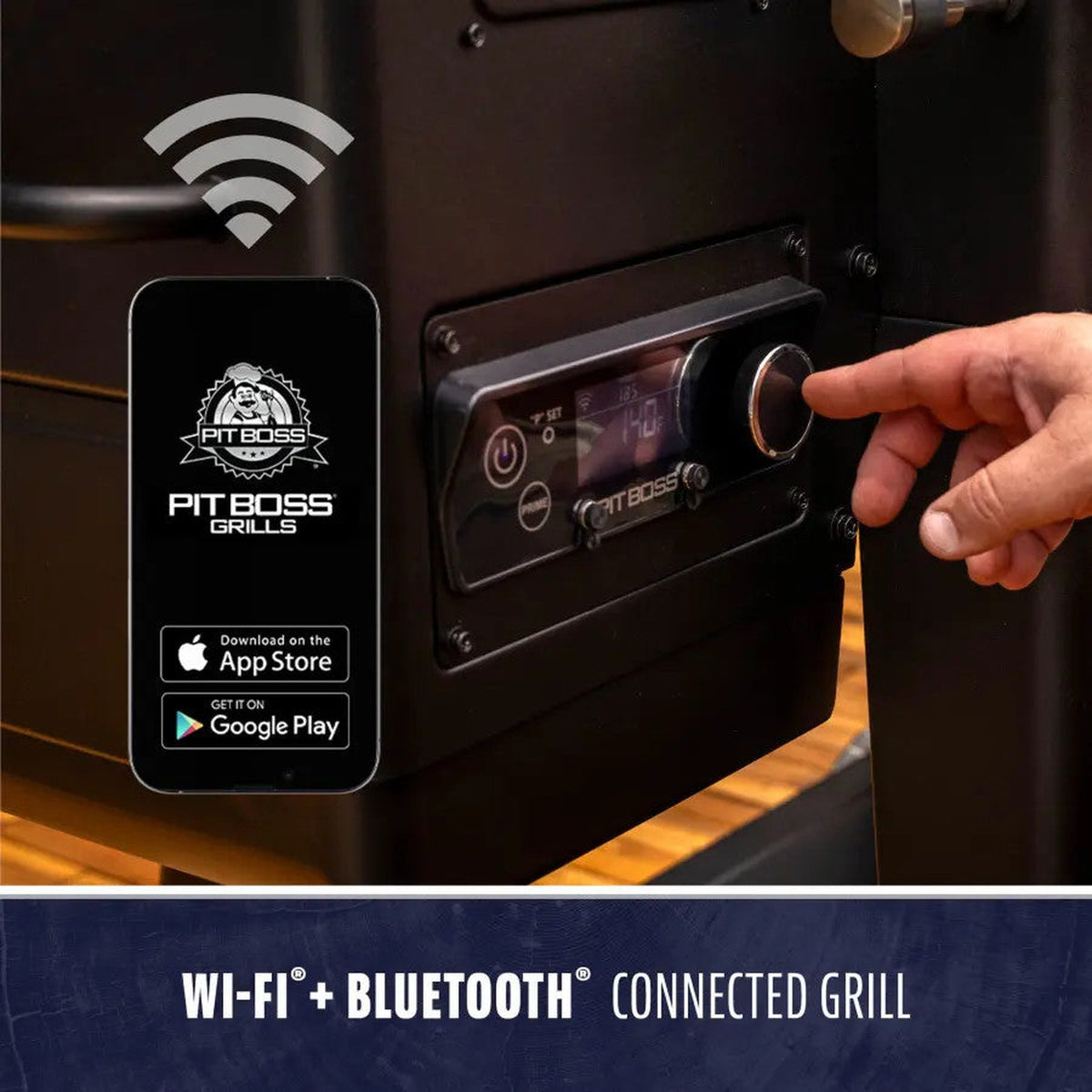 Pit Boss Grills app on a phone next to the Navigator 850 Wi-Fi and Bluetooth controller