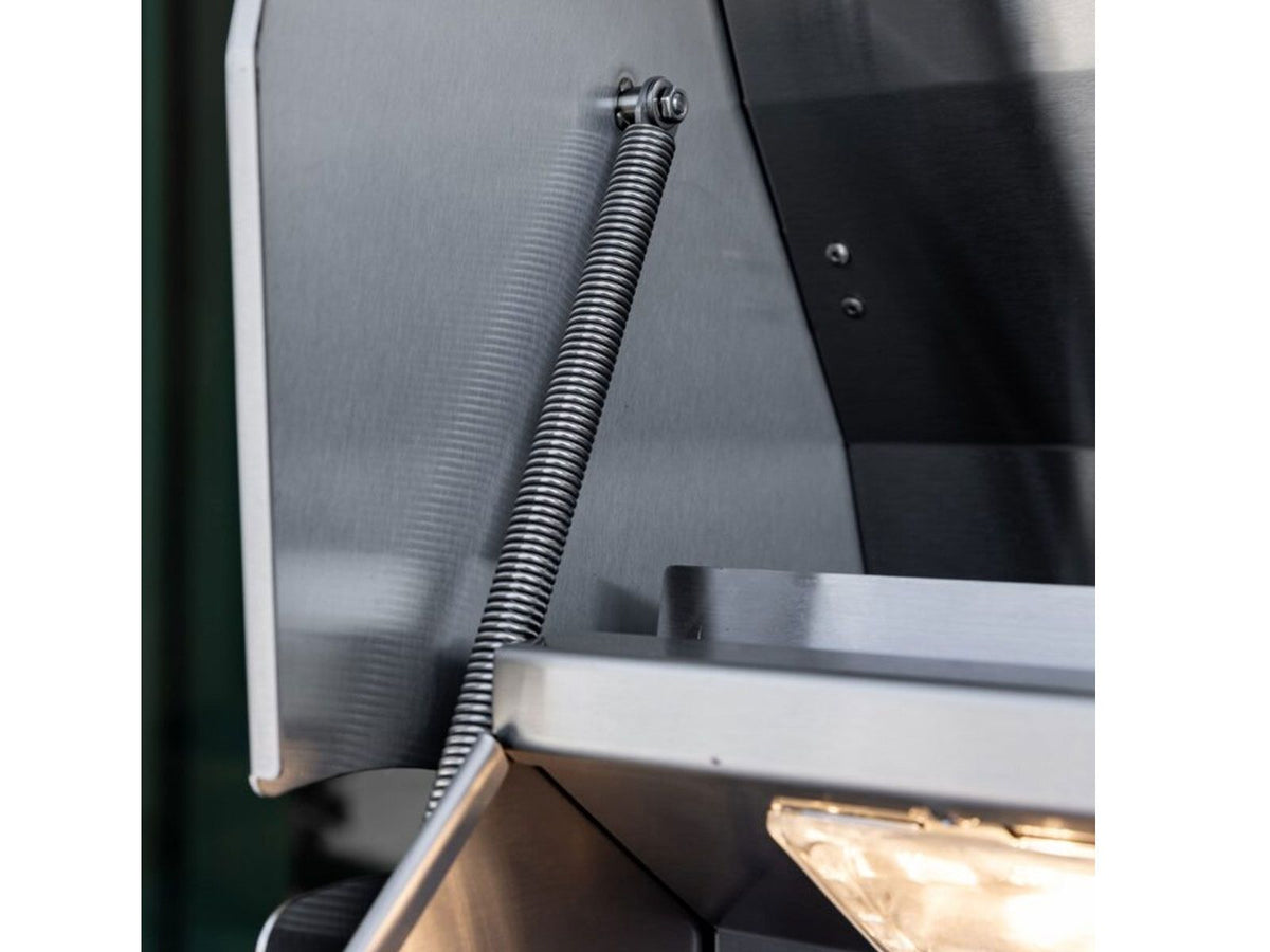Spring-assisted hood hinge on a Summerset TRL Pro gas grill