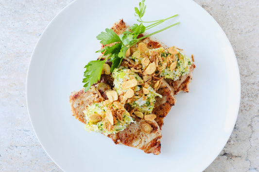 Korean chili pork chops with leek and sesame relish