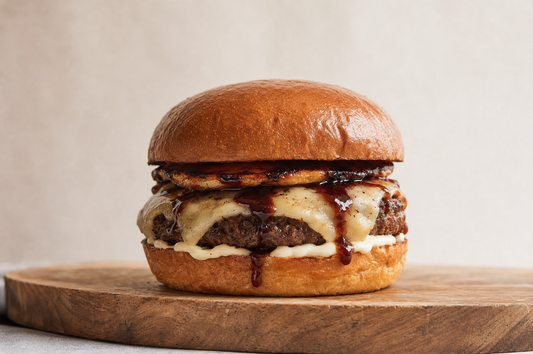 BBQ havarti burger with caramelized onions