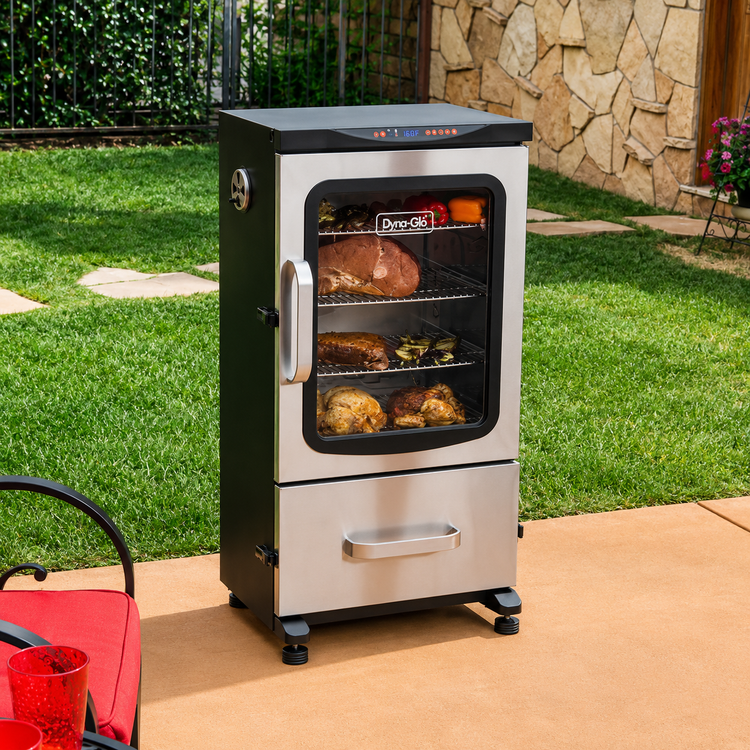 Smoker grill with food inside on a patio