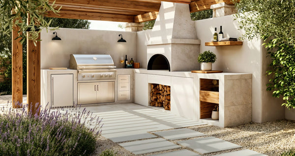 Summerset built-in grill in a white stucco outdoor kitchen with a pizza oven under a wood pergola