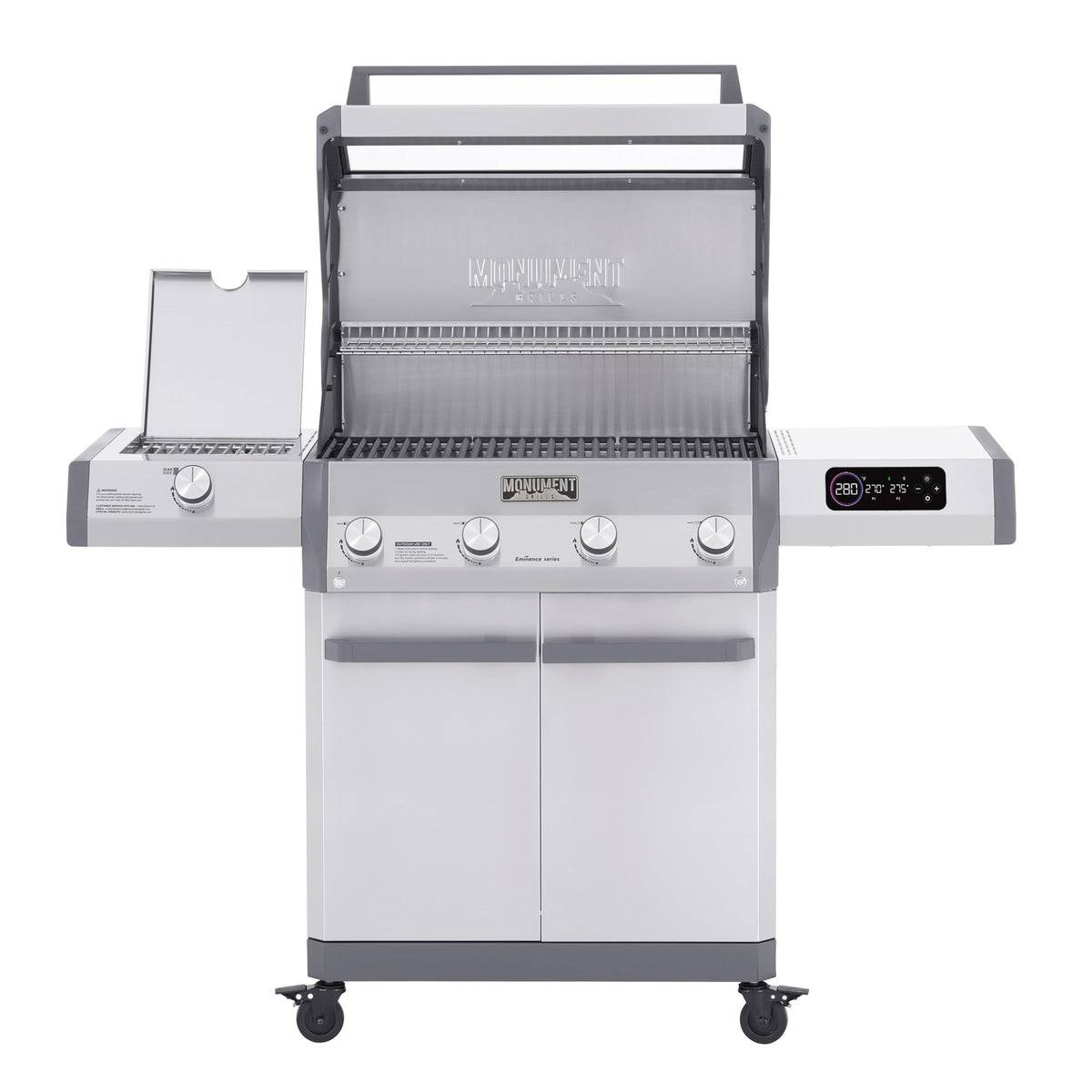 Monument Grills Eminence 405 gas grill, lid open with side burner cover raised