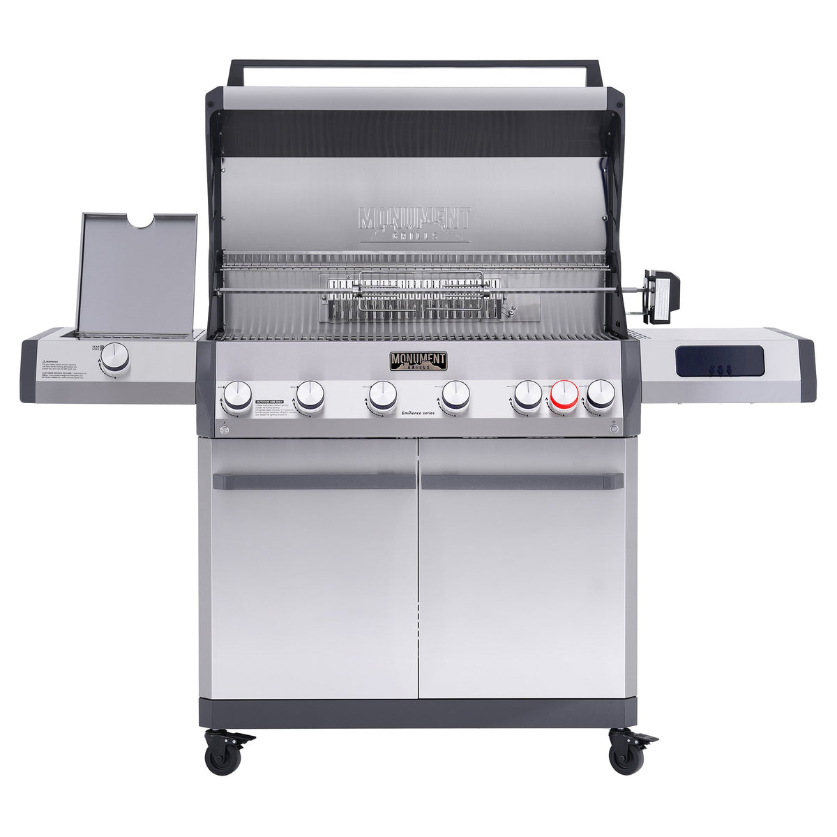 Monument Grills Eminence 605 gas grill, lid open with rotisserie