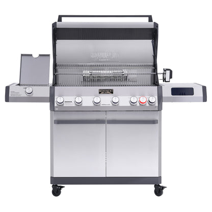 Monument Grills Eminence 605 gas grill, lid open with rotisserie