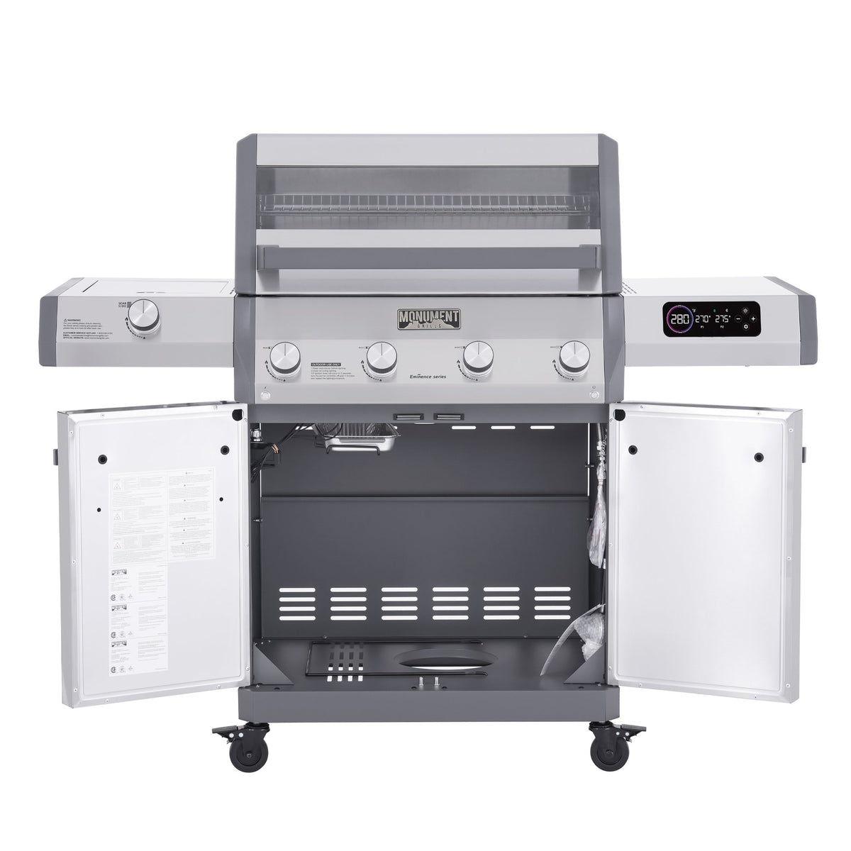 Monument Grills Eminence 405 gas grill, cabinet doors open