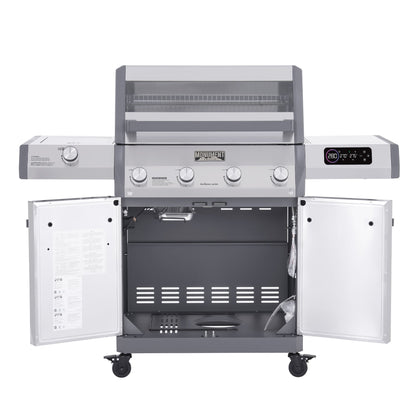 Monument Grills Eminence 405 gas grill, cabinet doors open