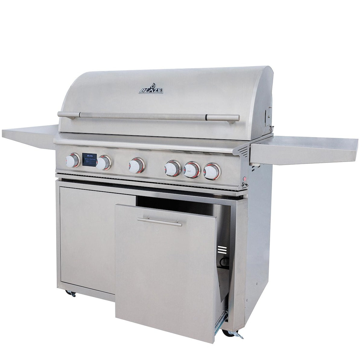 Blaze LTE PRO grill cart with propane tank pull-out shelf open