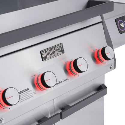 Monument Grills Eminence 405 gas grill, knob lights glowing red