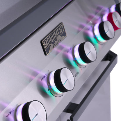 Monument Grills Eminence 605 gas grill, knob lights glowing purple