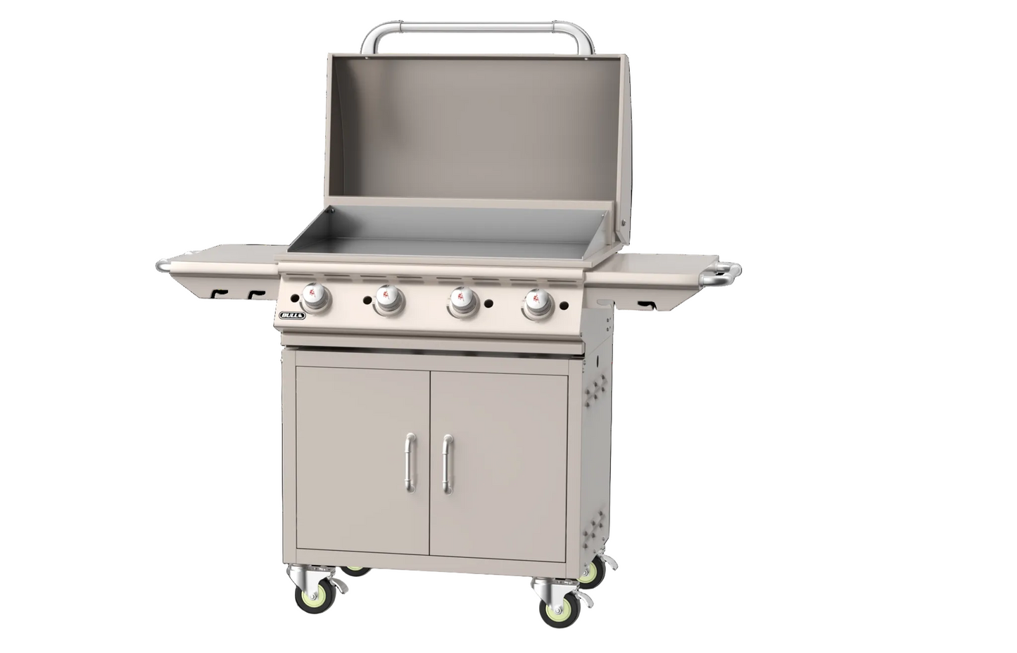 Angled view of Bull 30-inch freestanding gas griddle with chromium-plated cooking surface