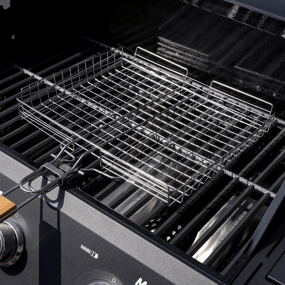 Monument Grills stainless steel grill basket in use