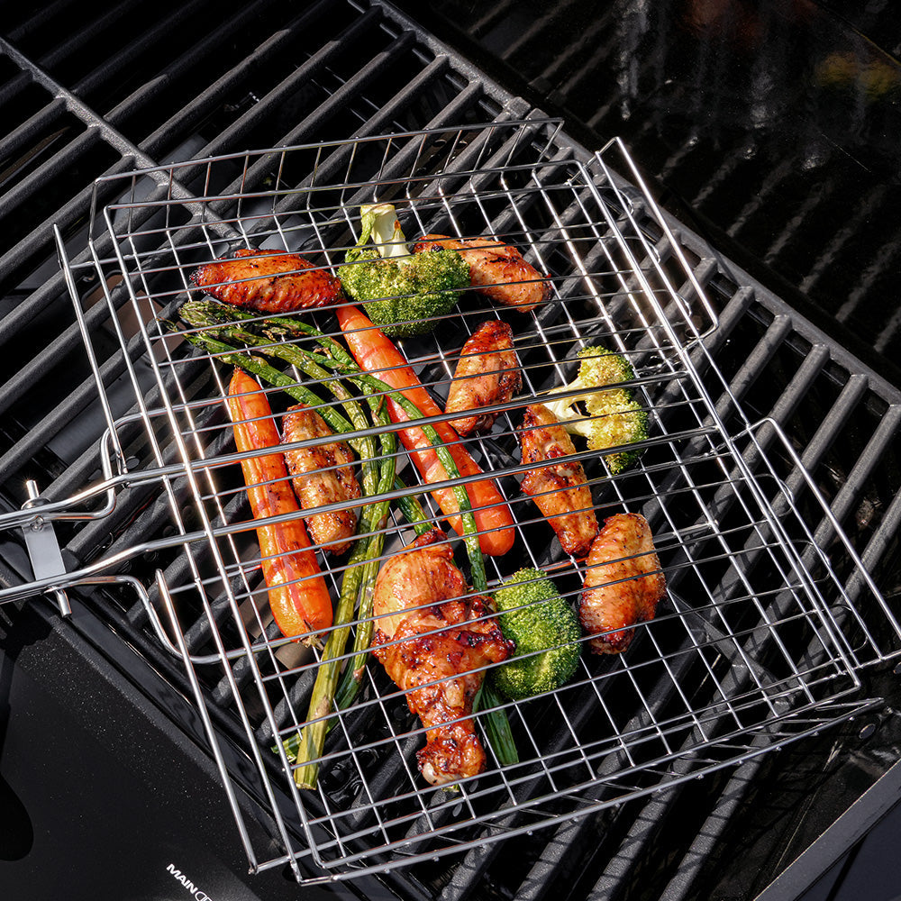 Monument Grills stainless steel grill basket in use