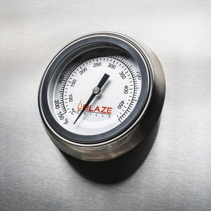 Hood-mounted temperature gauge on the Blaze LTE+ Marine Grade grill