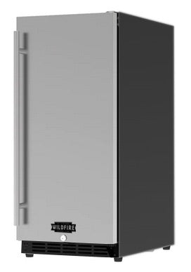 Wildfire 15-inch outdoor refrigerator in stainless steel with chrome handle, angled view