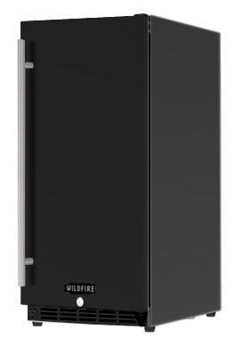 Wildfire 15-inch outdoor refrigerator shown with the black stainless steel sleeve installed