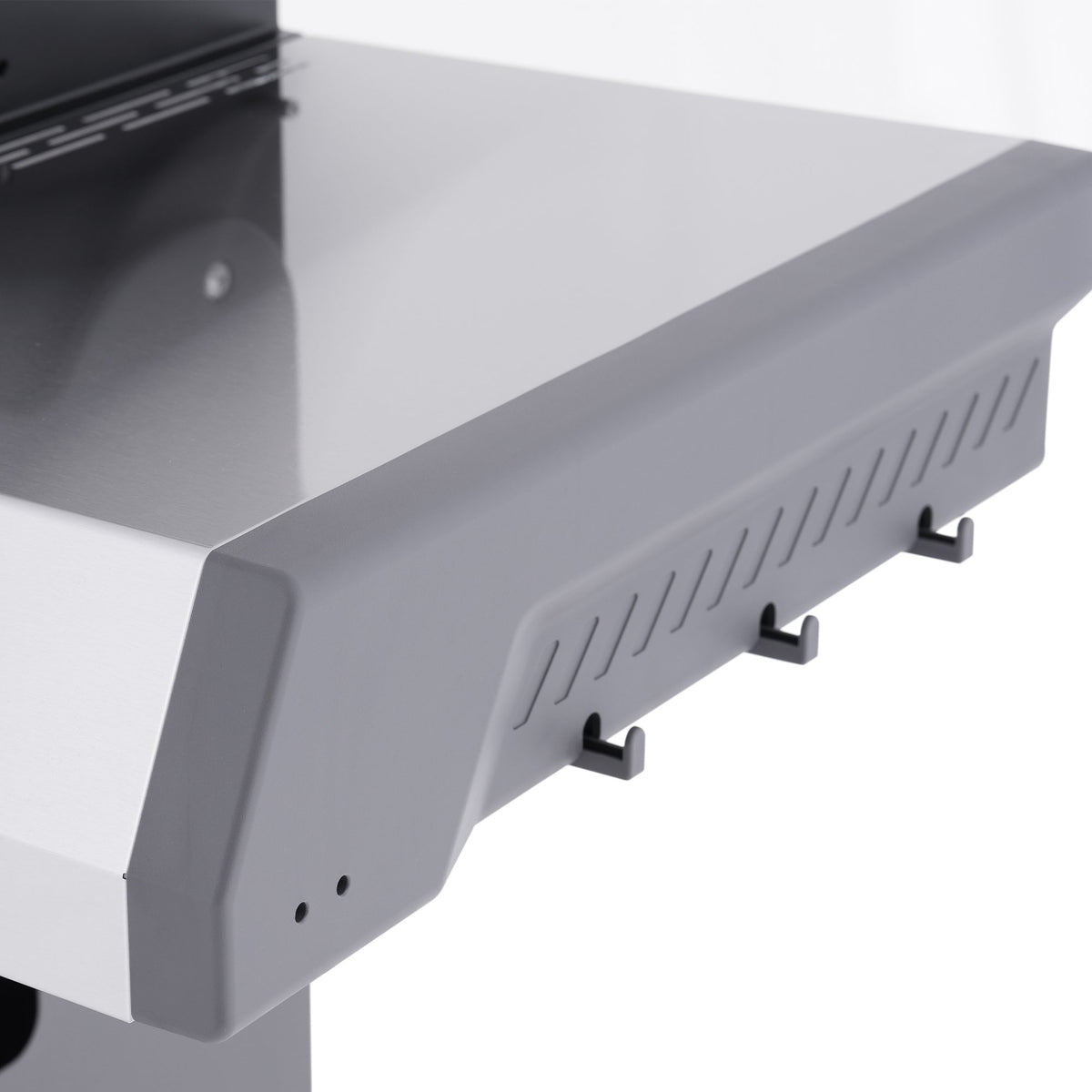Monument Grills Eminence 405 gas grill, side shelf with tool hooks