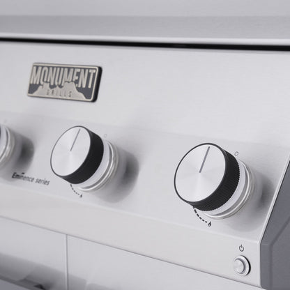 Monument Grills Eminence 405 gas grill, control knobs close-up