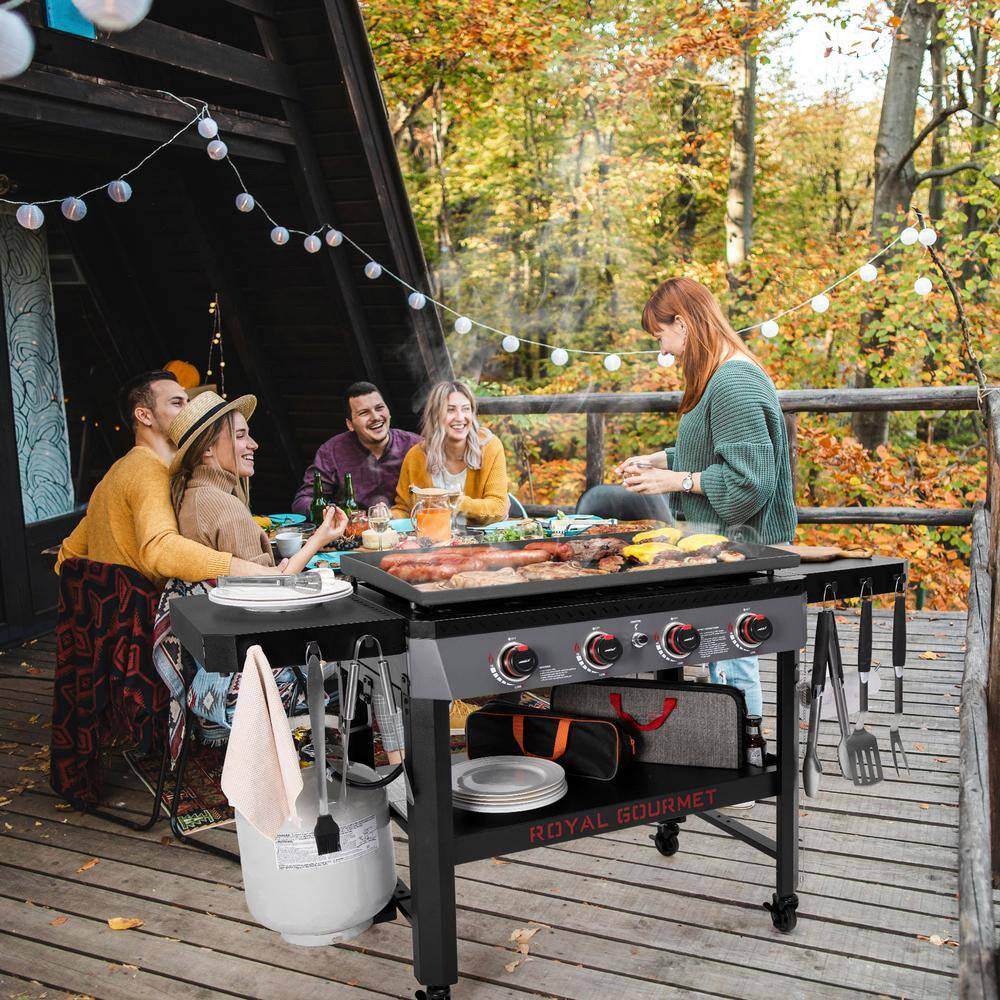 34-In. 4-Burner Propane Gas Griddle with Collapsible Side Shelves and Storage Baskett, 52,000 BTU, Black