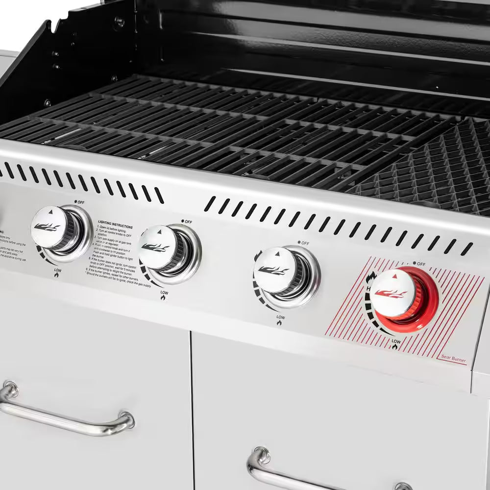 6 Burner Propane Gas Grill with Sear Burner and Side Burner, Cabinet Style, Silver