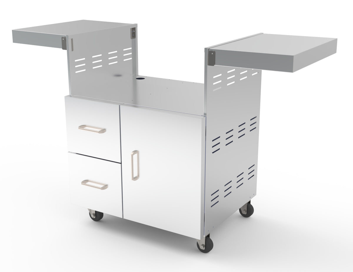 Wildfire griddle cart in stainless steel, angled view with side shelves up, no griddle head installed