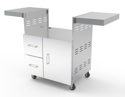 Wildfire griddle cart in stainless steel, angled view with side shelves up, no griddle head installed