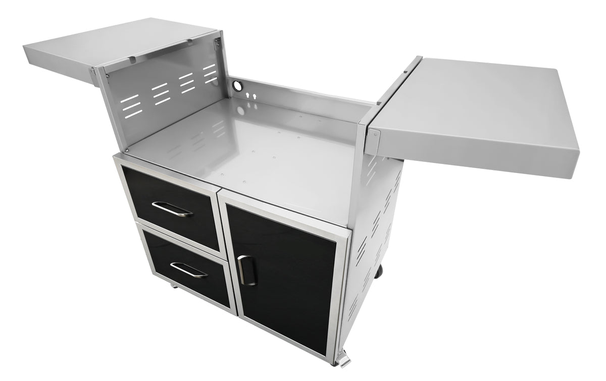 Wildfire grill cart with black stainless steel doors and drawers, angled view with side shelves up, no grill head installed