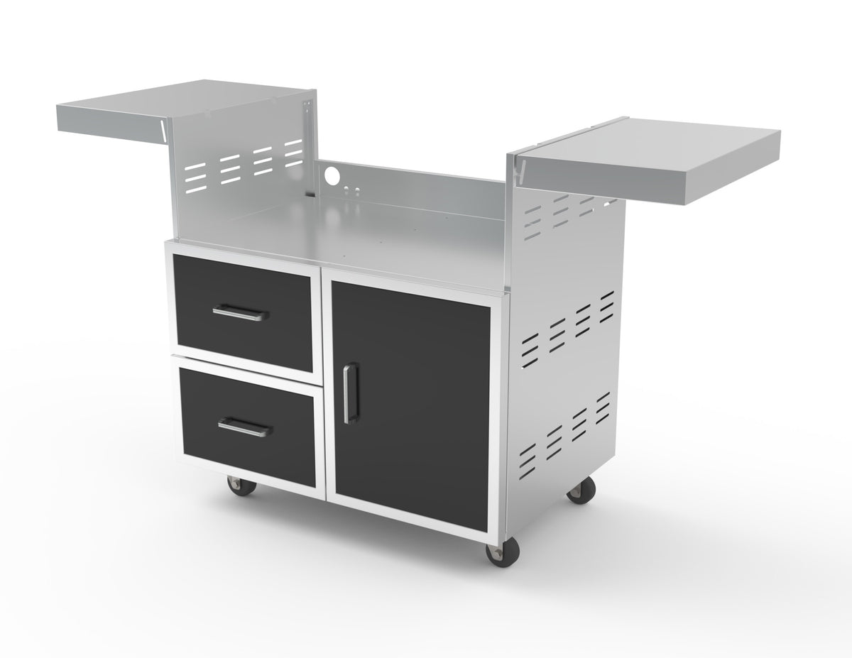 Wildfire grill cart with black stainless steel doors and drawers, front view with side shelves up, no grill head installed