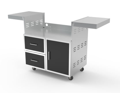 Wildfire grill cart with black stainless steel doors and drawers, front view with side shelves up, no grill head installed