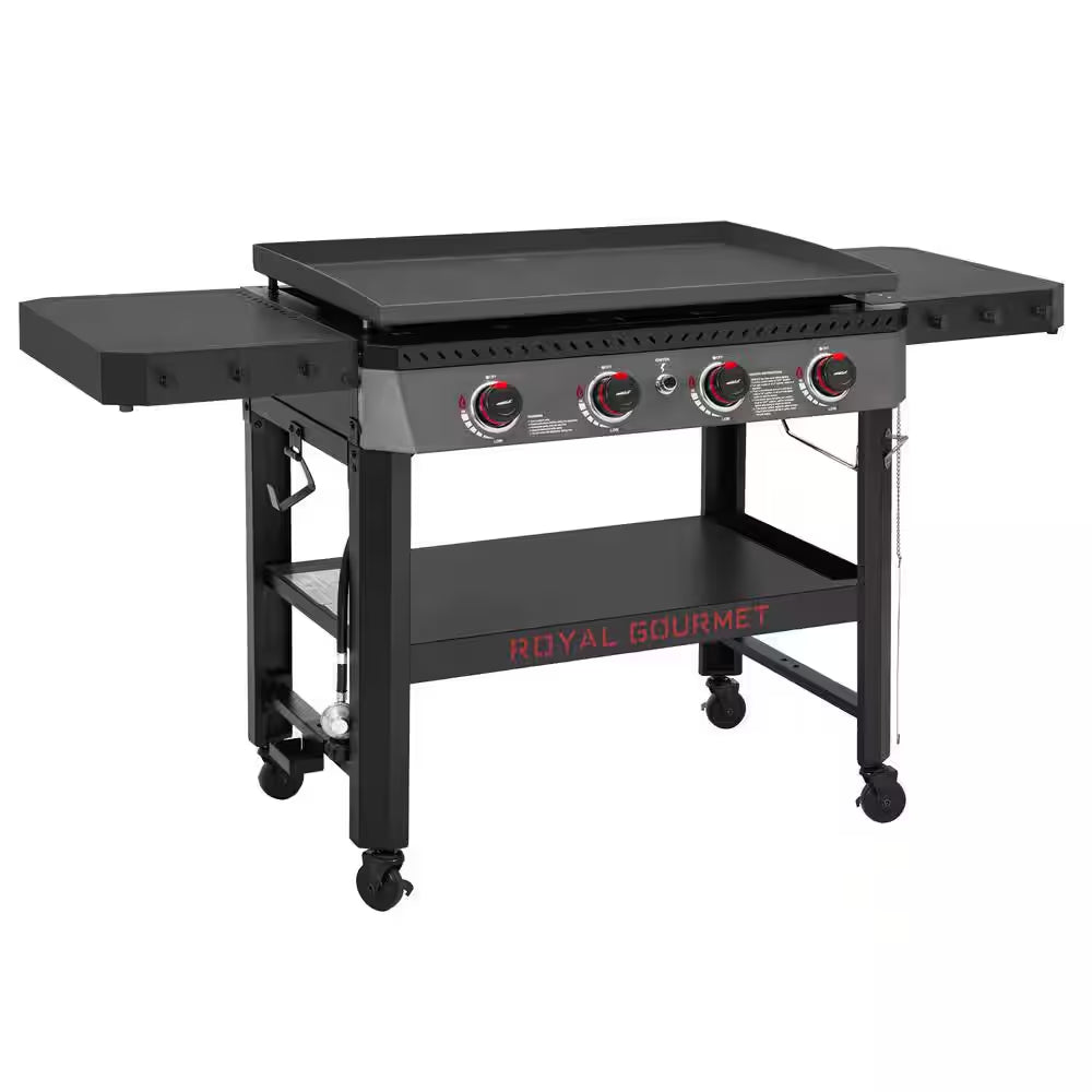 34-In. 4-Burner Propane Gas Griddle with Collapsible Side Shelves and Storage Baskett, 52,000 BTU, Black