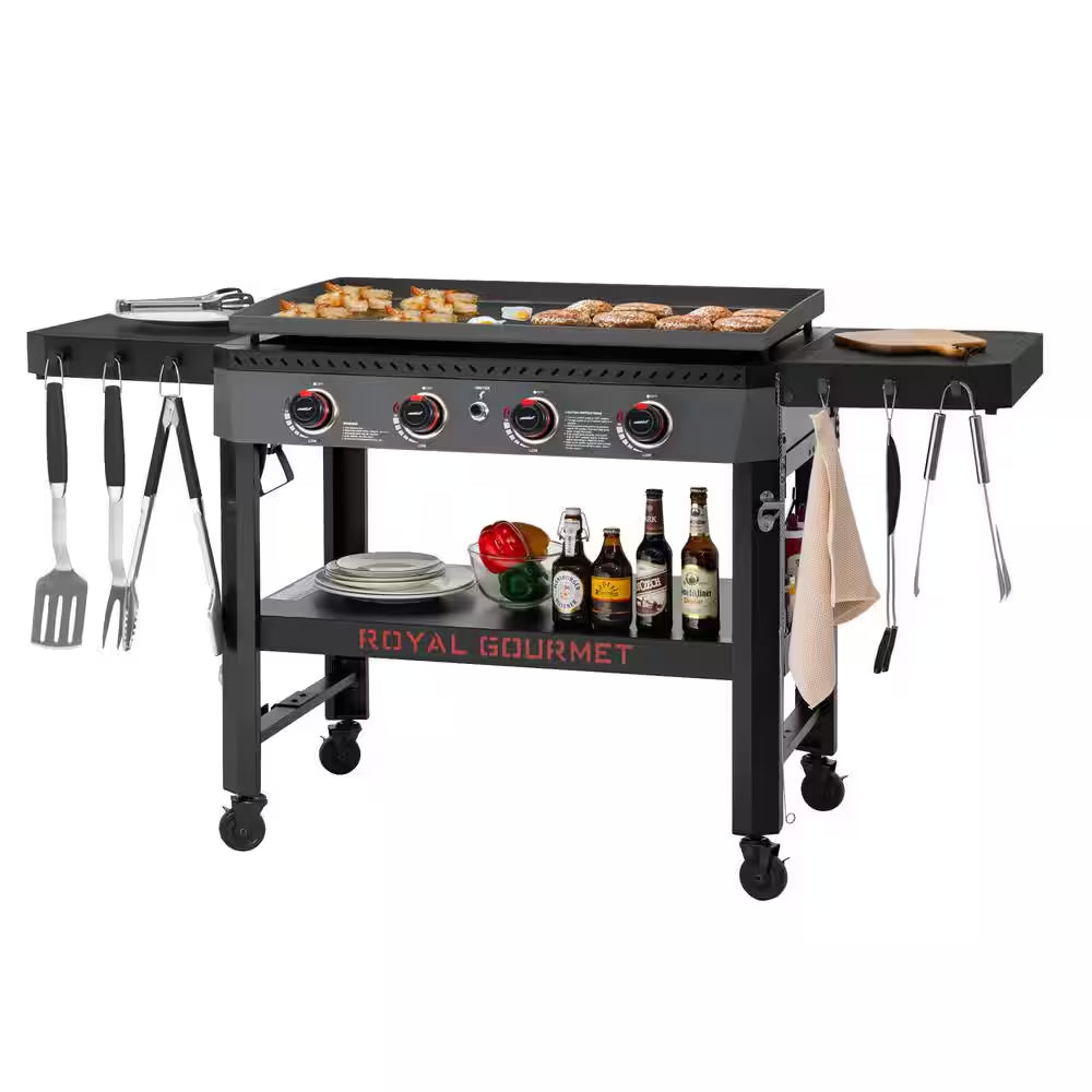 34-In. 4-Burner Propane Gas Griddle with Collapsible Side Shelves and Storage Baskett, 52,000 BTU, Black