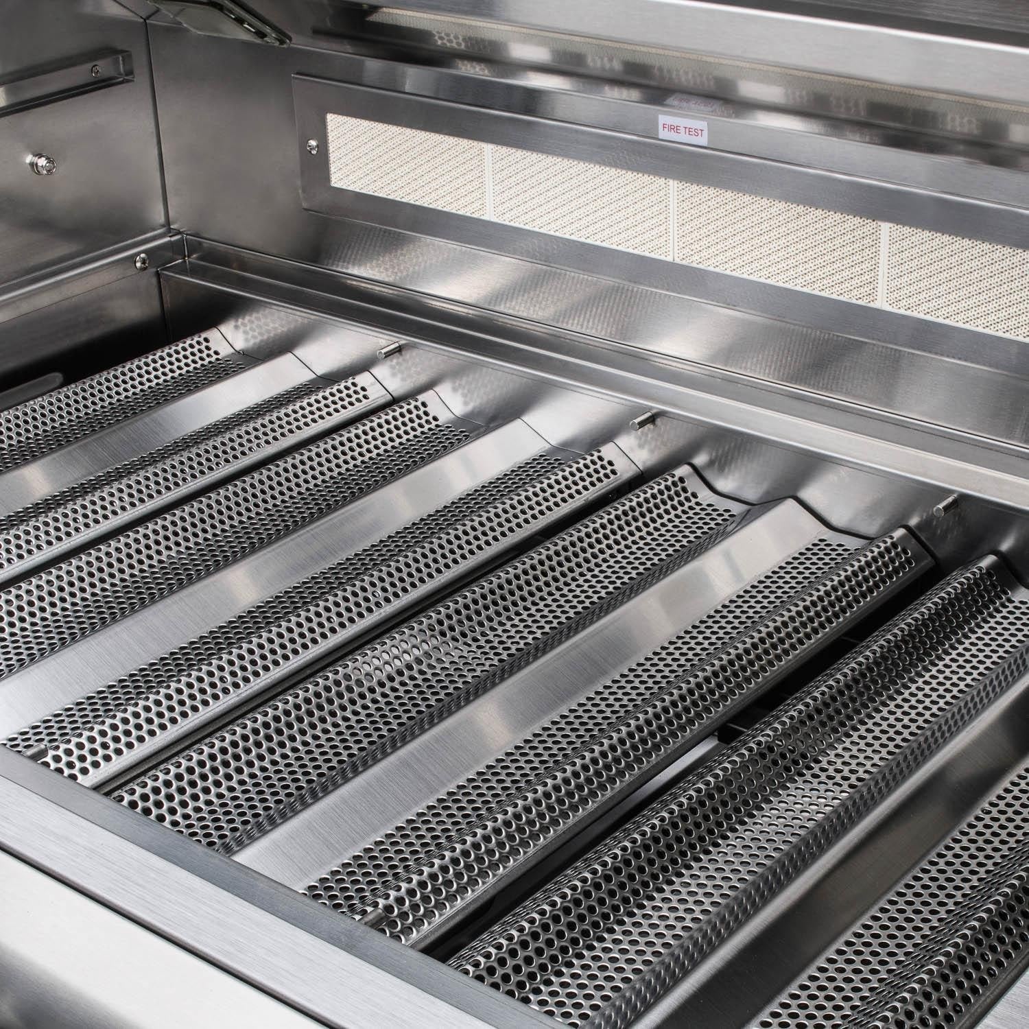 Stainless steel flame tamers above the Blaze LTE+ grill burners