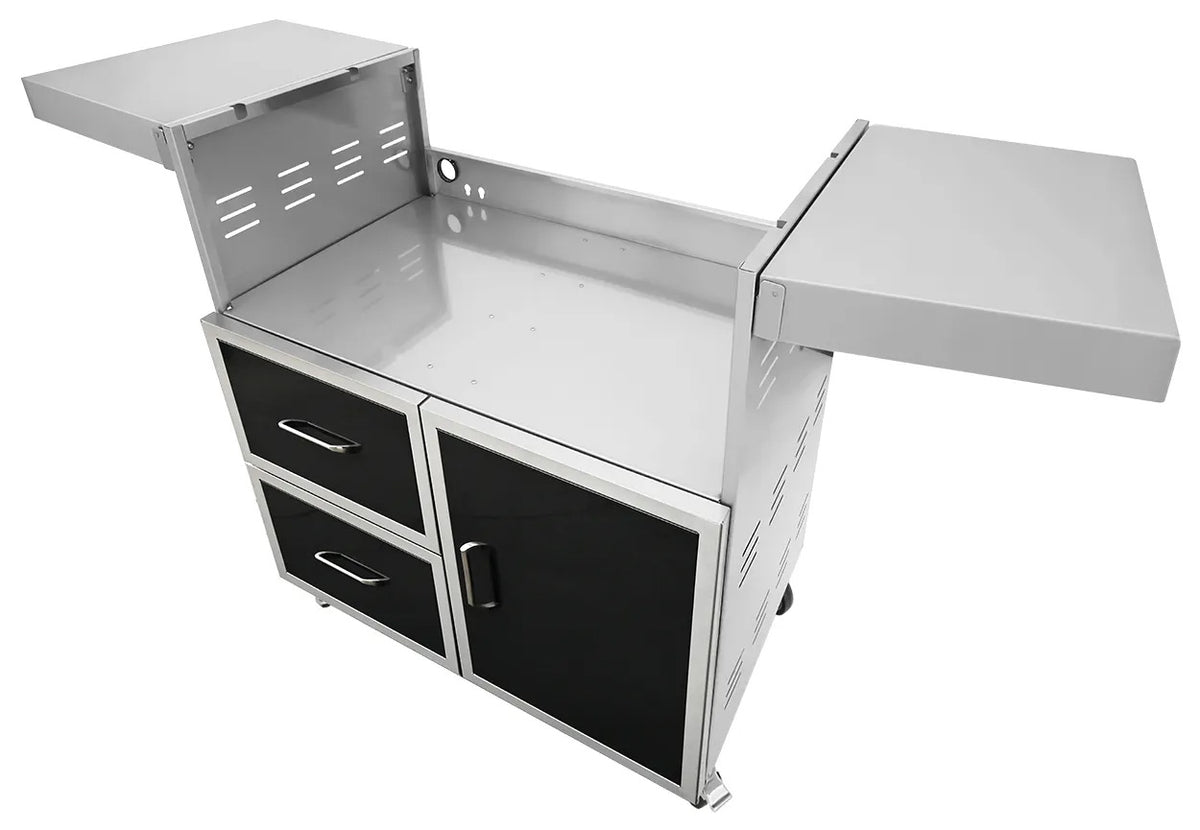 Wildfire 42-inch grill cart with black stainless steel doors and drawers, angled view with side shelves up, no grill head installed