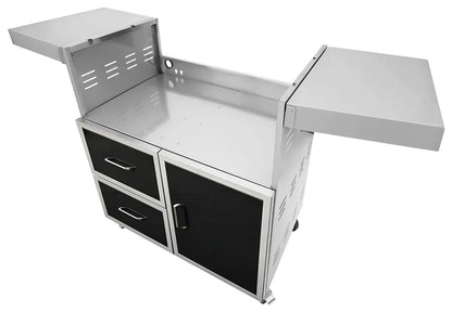 Wildfire 42-inch grill cart with black stainless steel doors and drawers, angled view with side shelves up, no grill head installed