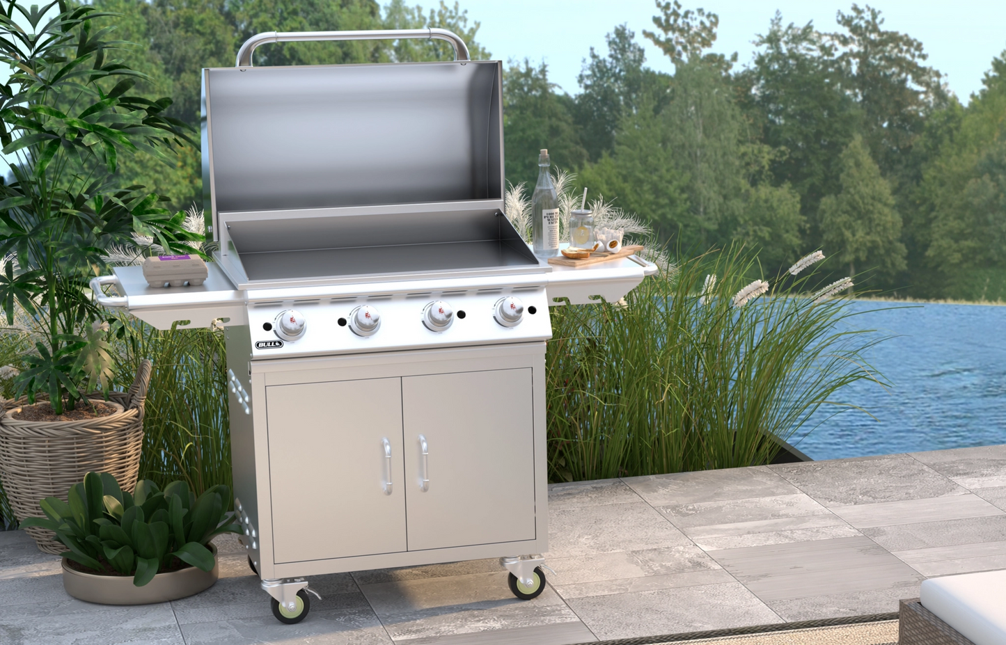Bull 30-inch freestanding gas griddle in an outdoor patio setting with hood open