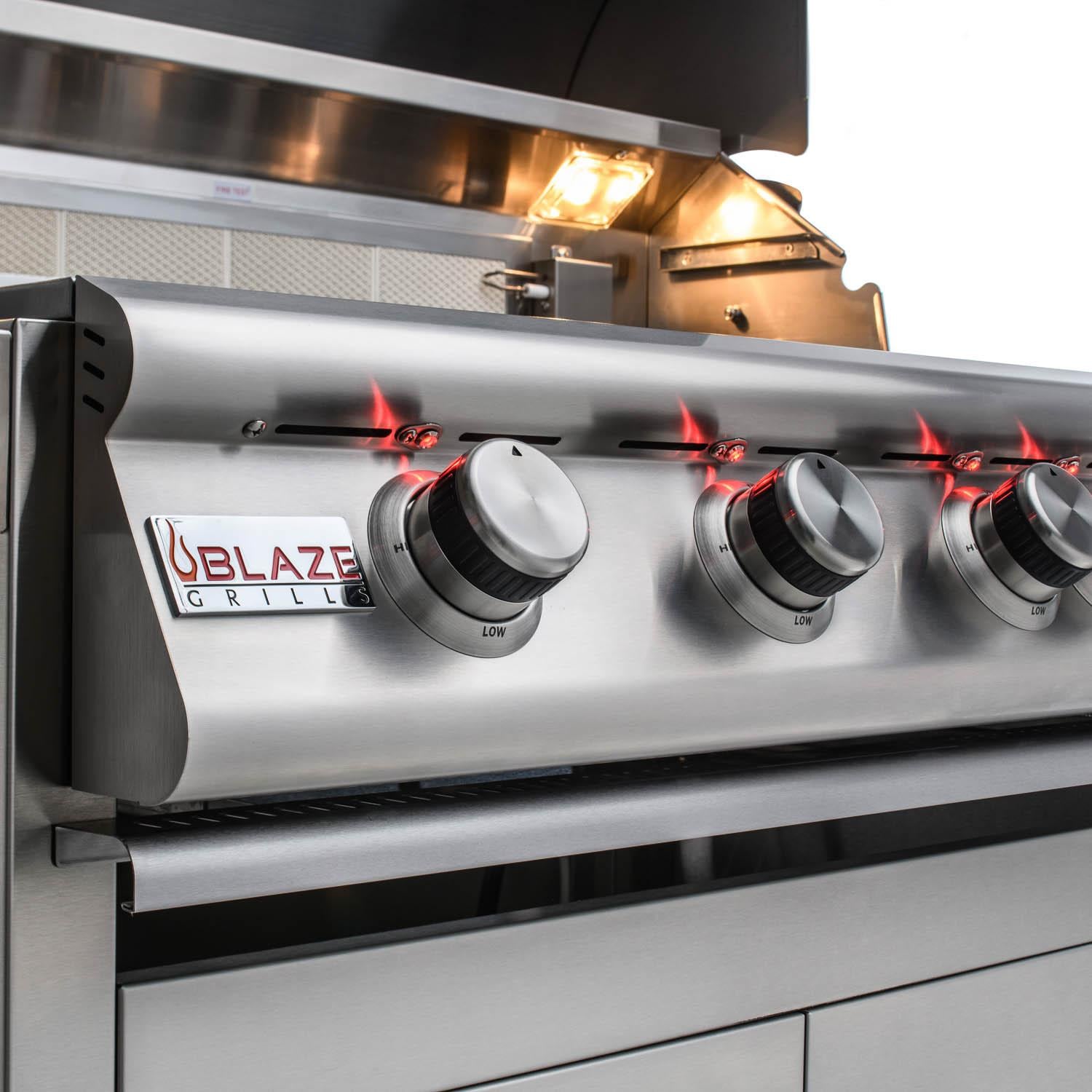 Open Blaze LTE+ Marine Grade grill with illuminated controls and cooking surface