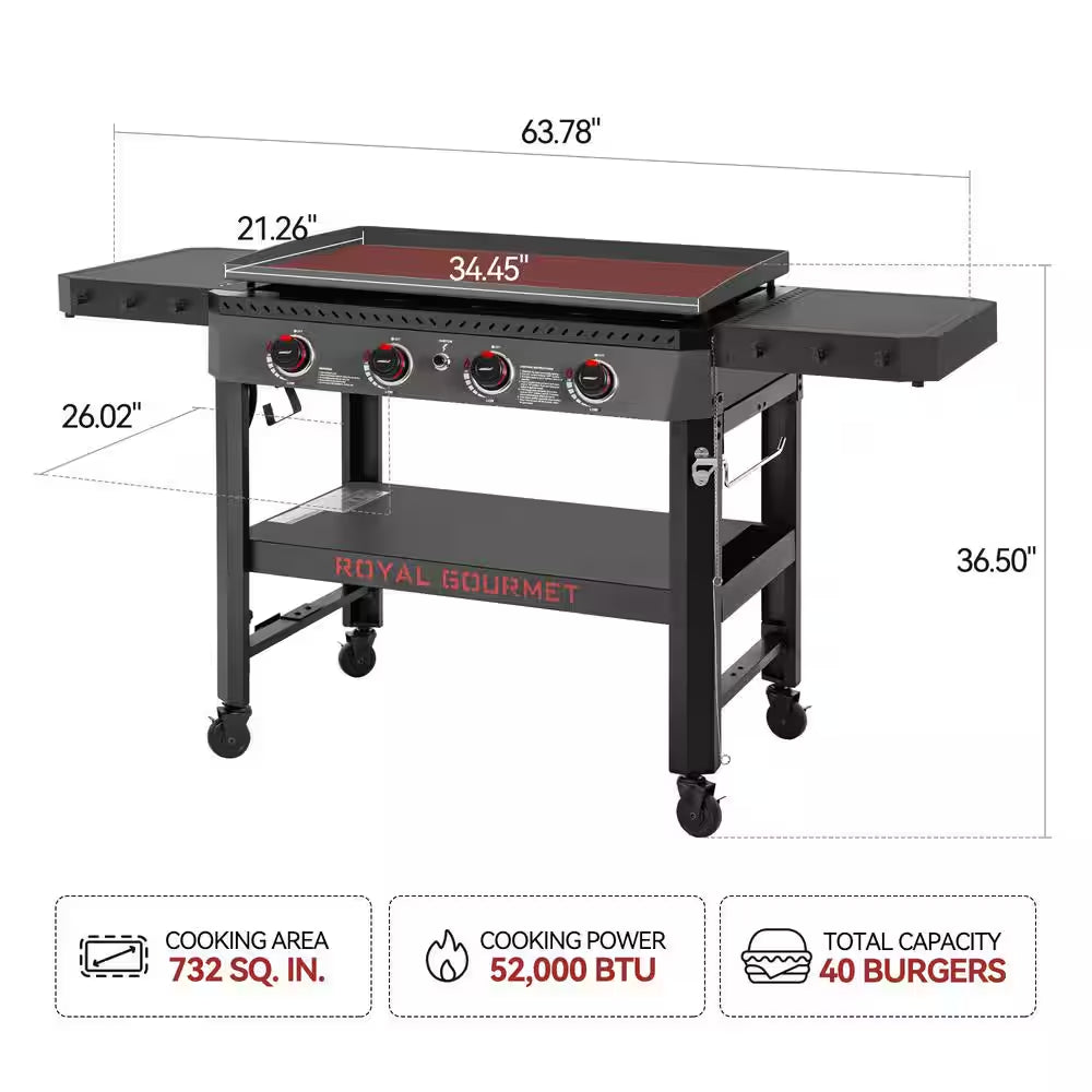 34-In. 4-Burner Propane Gas Griddle with Collapsible Side Shelves and Storage Baskett, 52,000 BTU, Black
