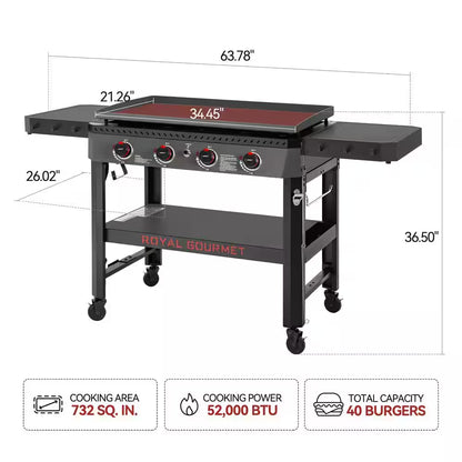 34-In. 4-Burner Propane Gas Griddle with Collapsible Side Shelves and Storage Baskett, 52,000 BTU, Black