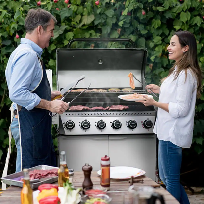 6-Burner BBQ Liquid Propane Gas Grill, with Sear Burner and Side Burner, Stainless Steel and Foldable Side Shelf, White