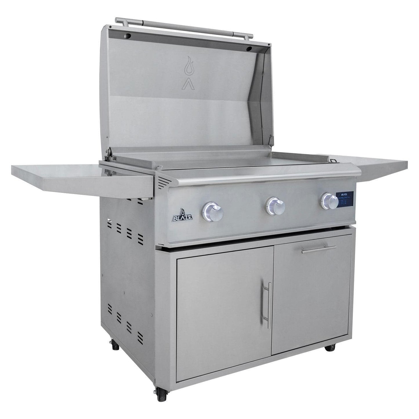 Three-quarter view of Blaze LTE PRO 40-inch freestanding gas griddle and stainless steel cart